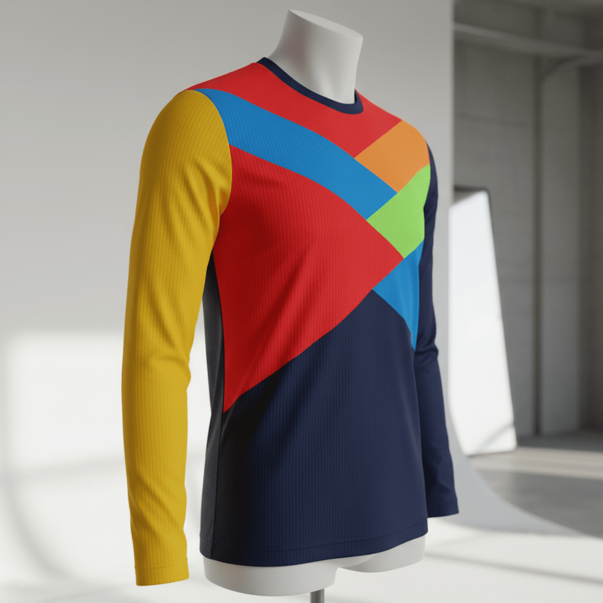 Vibrant long sleeve soccer jersey with bold diagonal color blocking and contrasting yellow sleeve.