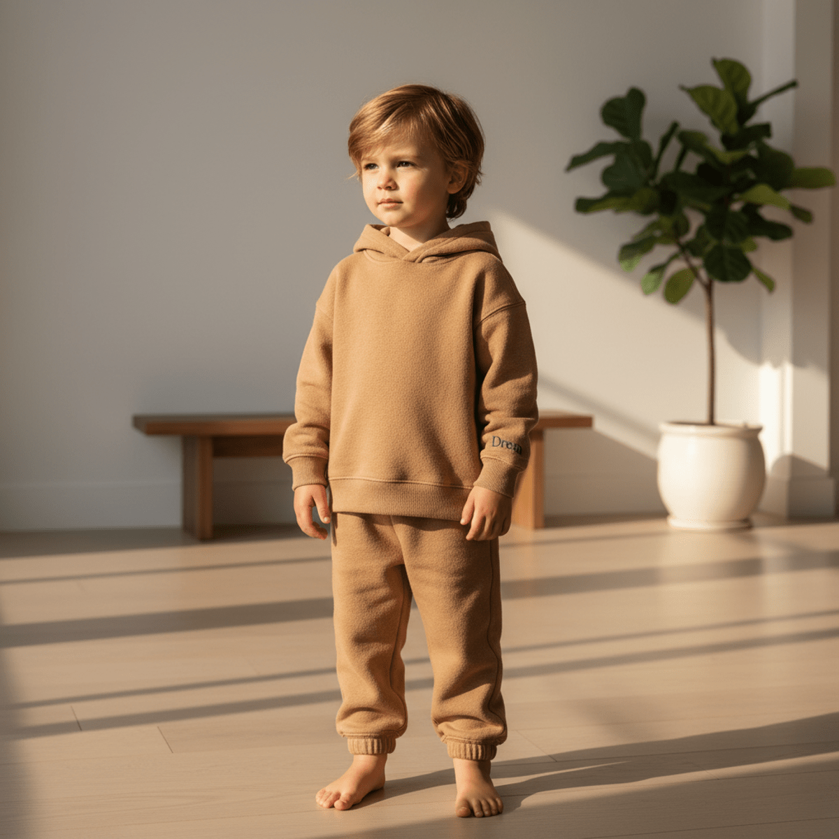 Child in organic cotton oatmeal sweatsuit with 'Dream' embroidery in minimalist living room.