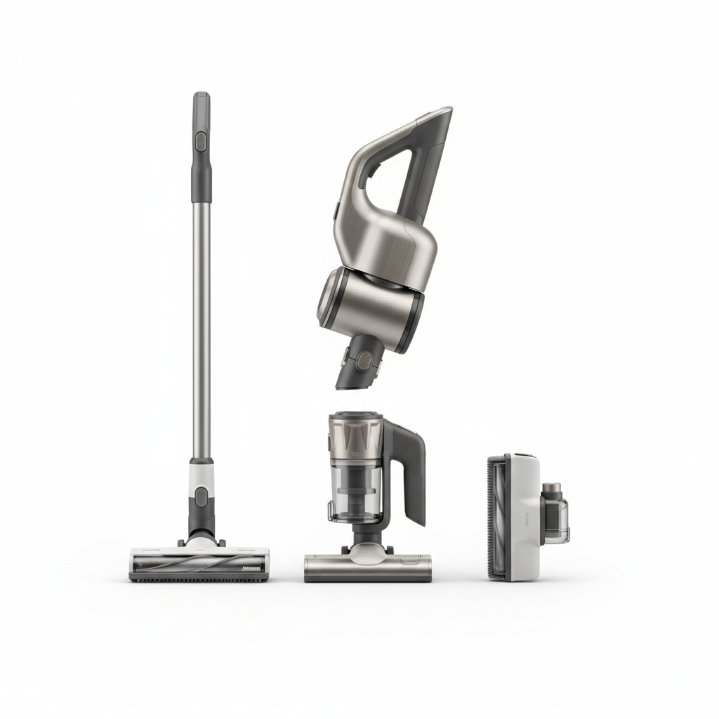Sleek modular vacuum cleaner system with interchangeable attachments on a white background.