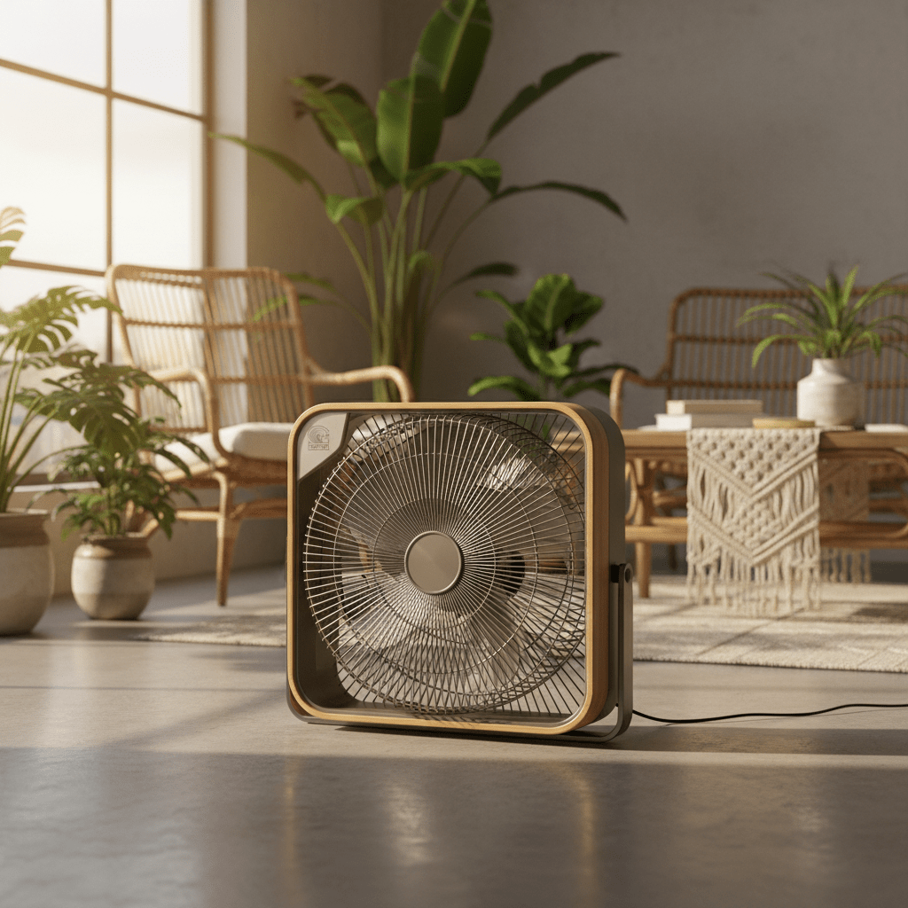 Eco-friendly box fan on concrete floor with plants Sustainable box fan with bamboo frame on polished concrete floor with plants.
