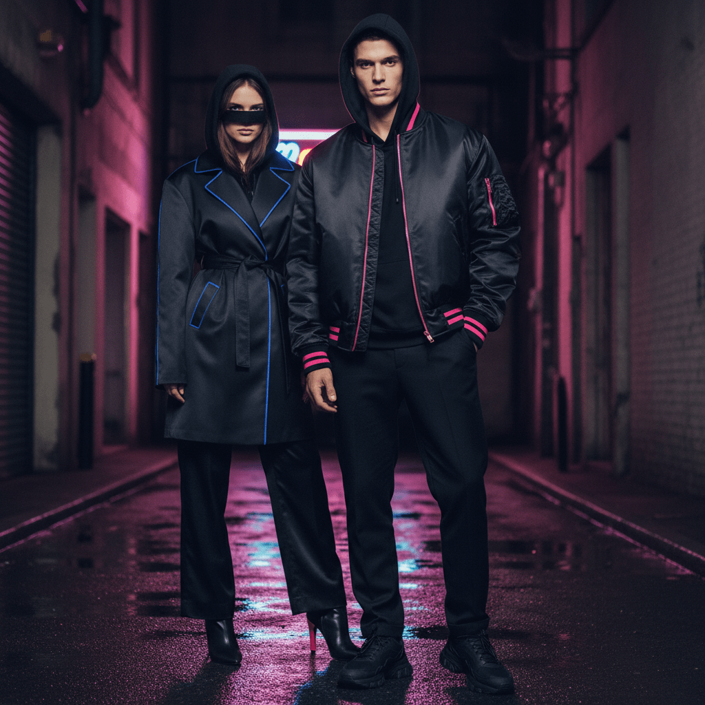 Streetwear model in oversized jackets and tailored pants with neon trim in a dark alley.