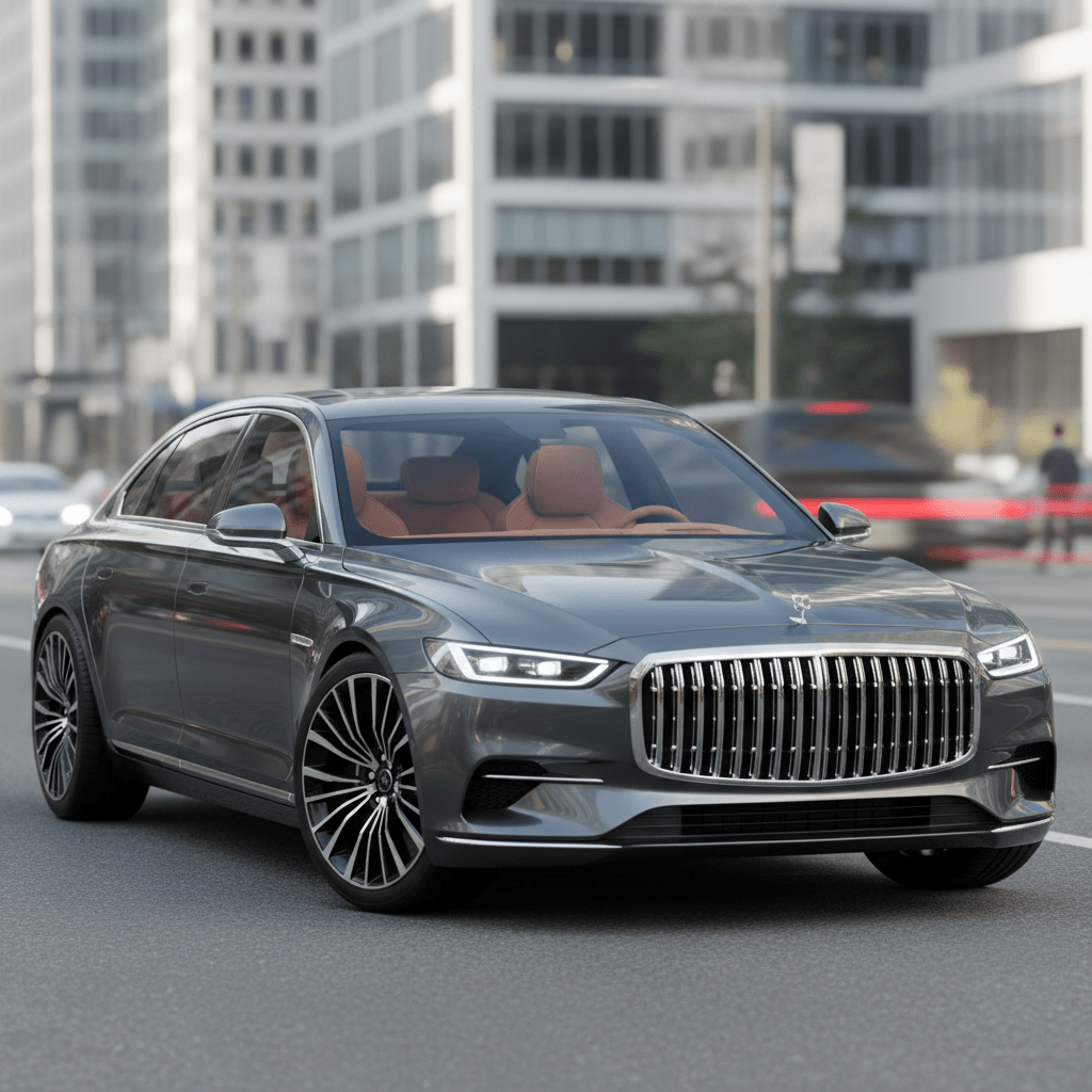 Sleek luxury sedan with sculpted grille and LED lights on a city street.