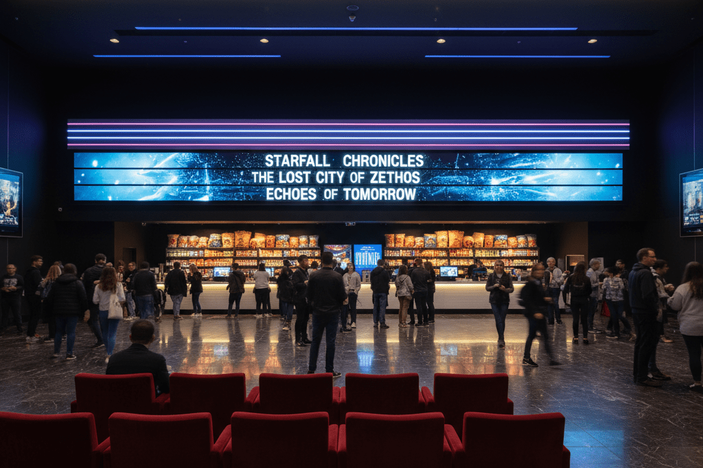 Wide-angle view of bustling modern cinema lobby at night Cinema lobby with digital marquee, velvet chairs, and concession stand glowing under ambient lighting, evoking excitement for blockbuster releases