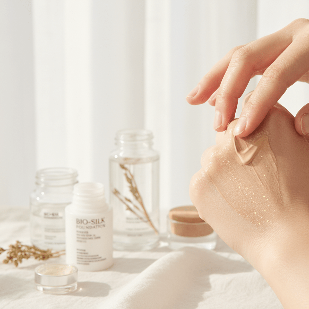 Hand applying Korean foundation makeup to smooth skin, revealing a radiant glow.