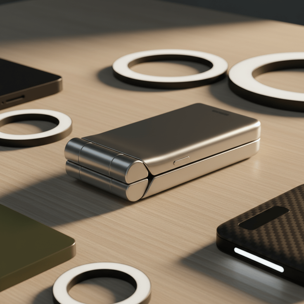 Dramatic close-up of a retro phone folded shut on a minimalist desk.