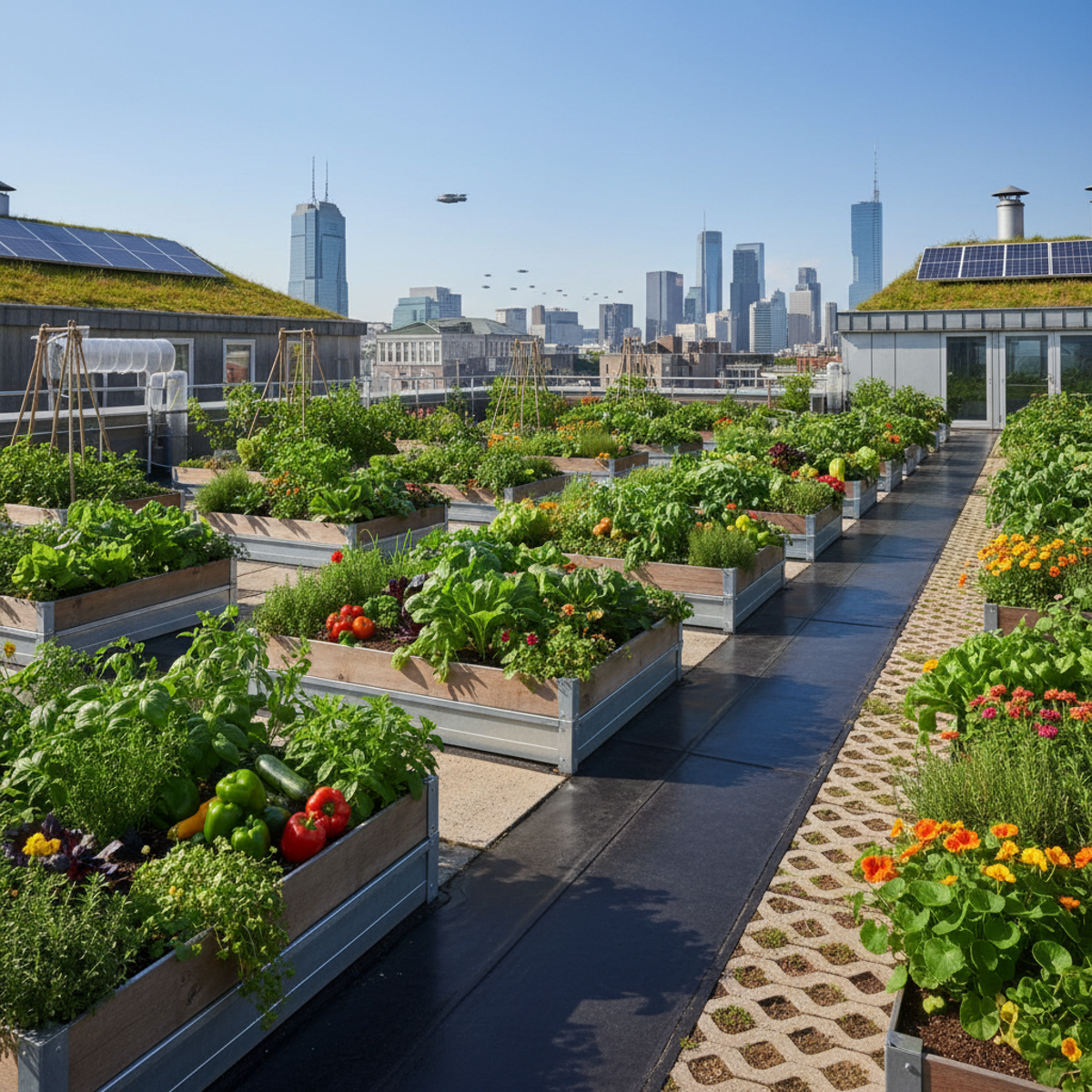 Lush urban rooftop garden with vegetables and flowers against a city skyline.