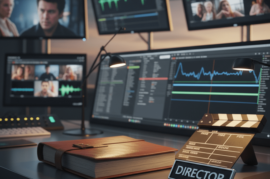Medium shot of a dimly lit TV control room with glowing monitors, an open script, and a clapperboard on a console