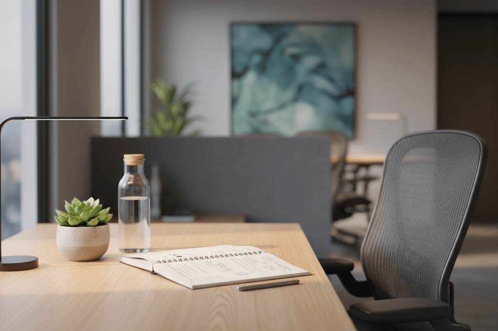 Modern office desk featuring wellness items like water bottle and notebook under warm ambient light