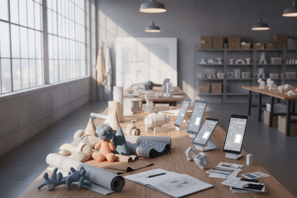 Table with generic plush toys, fabric samples, and digital mockups under warm ambient light representing extended product development strategies