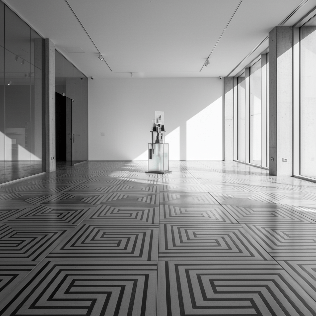 Gallery showcases tactile 3D-effect porcelain flooring with geometric relief and ridges.