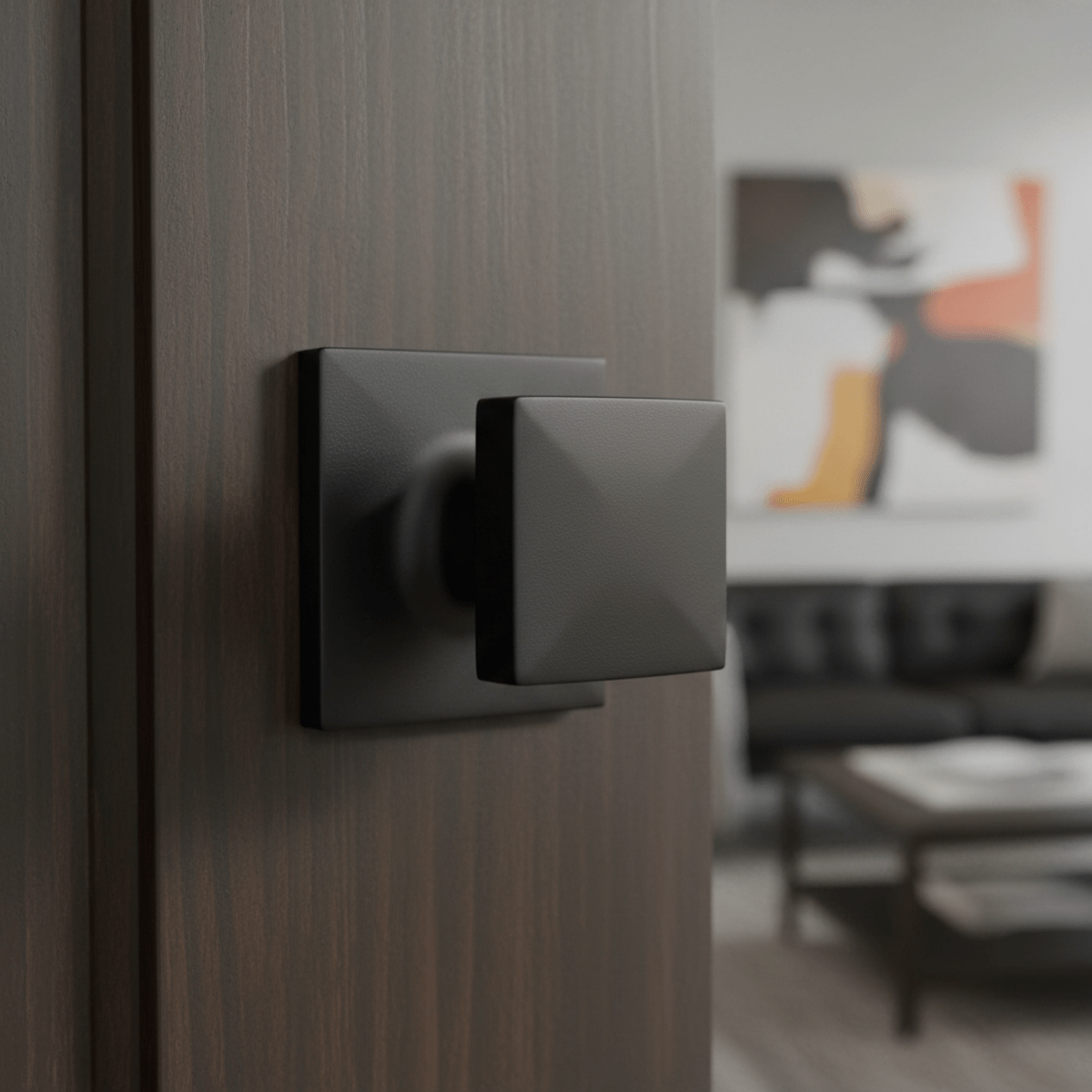 Matte black square knob and rosette on a wooden door, showing geometric design.