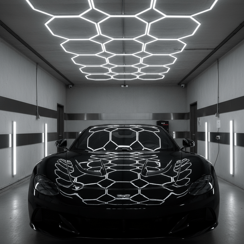 Luxury car gleams under precise hexagonal LED lighting in a modern auto detailing garage.