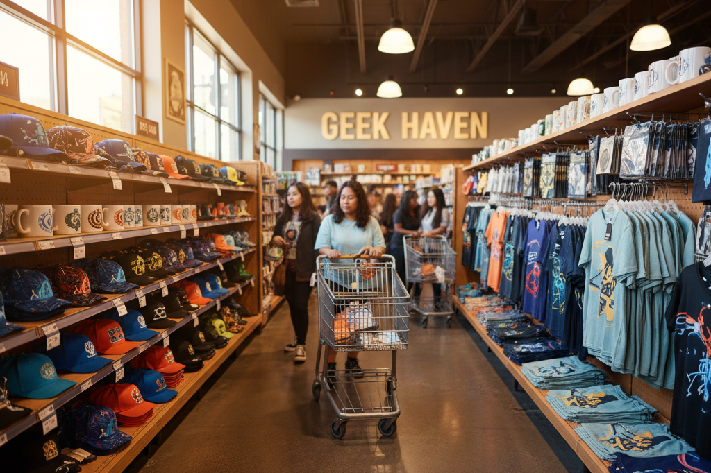 Wide-angle view of retail shelves displaying themed caps, mugs, and shirts under warm ambient lighting