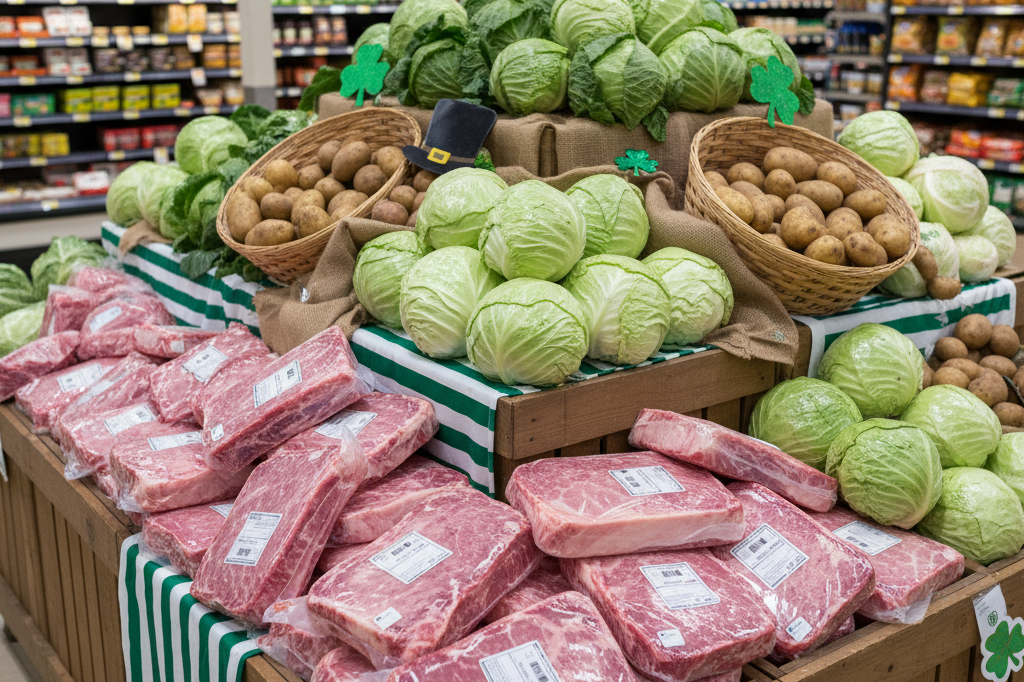 Grocery store display with corned beef brisket, cabbage, and potatoes arranged under warm ambient lighting for St. Patrick’s Day shoppers