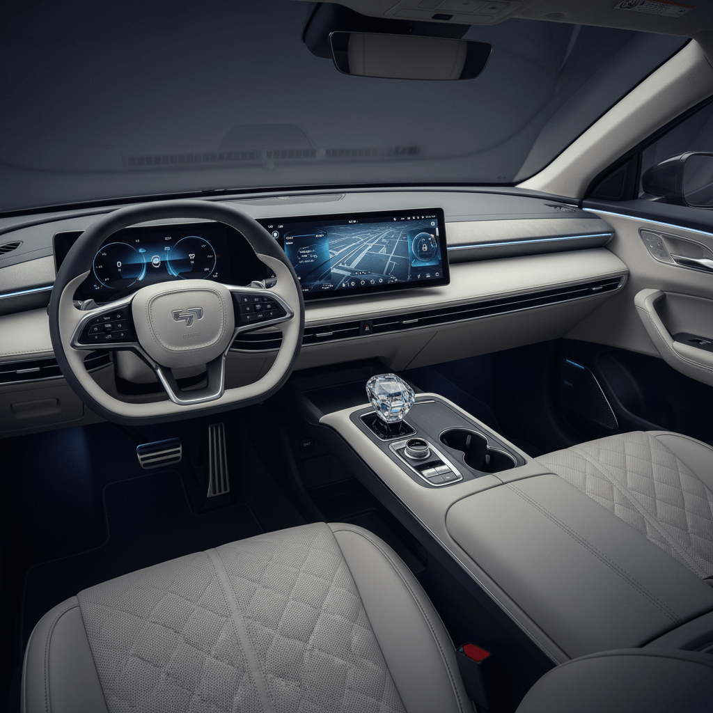 Minimalist futuristic electric car interior with ambient LED lighting and large touchscreen.