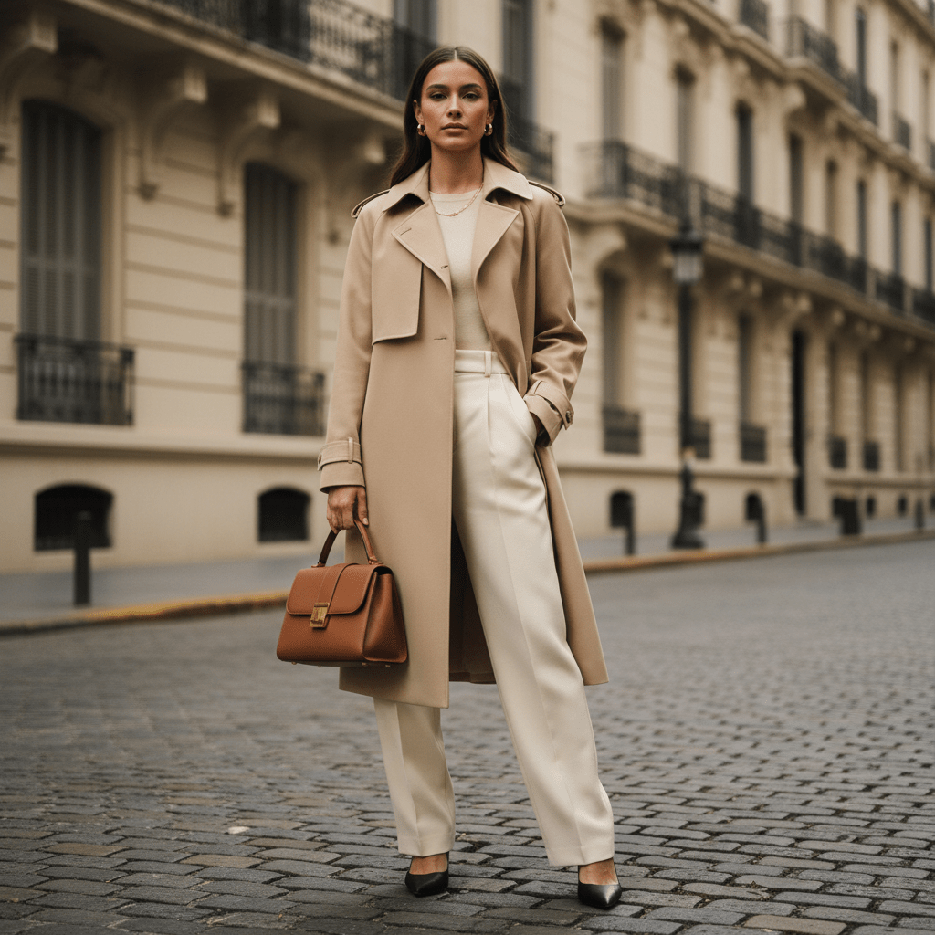 Model in elegant trench coat and wool trousers on a Buenos Aires cobblestone street.