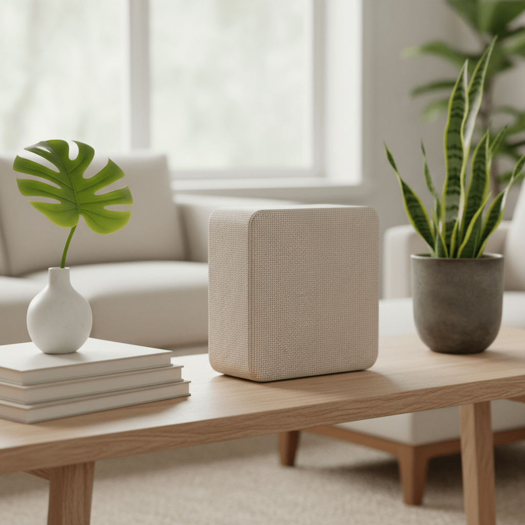 Sleek beige fabric router combo on a modern console table with plants.