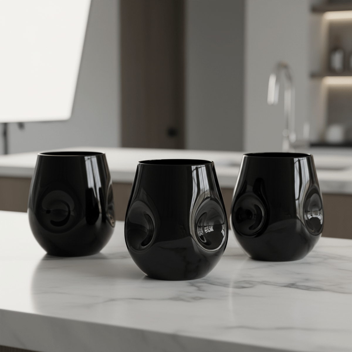 Sculptural stemless black wine glasses on white marble with dramatic studio lighting.