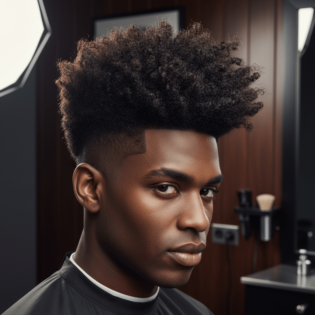 Man with sculpted high-top fade and defined natural curls in a modern barbershop.