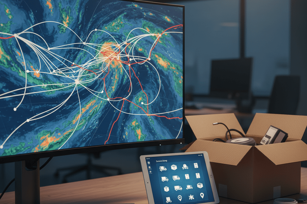 Empty logistics desk with weather data screens and shipping box under cool ambient office light
