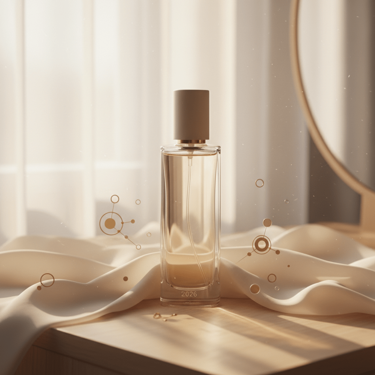 Minimalist cologne bottle on skin-tone fabric with aromatic molecules illustration.