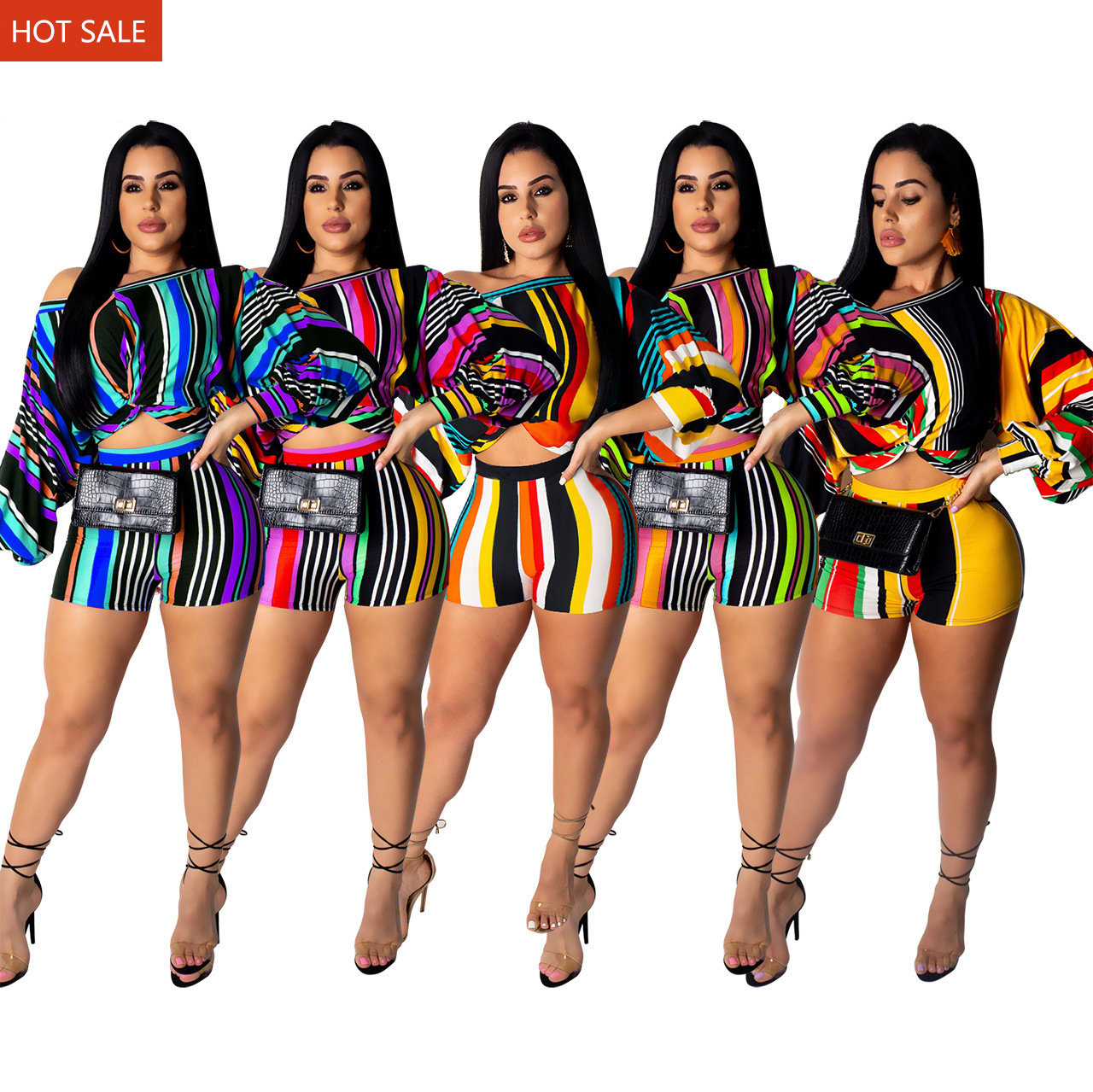 Повседневный укороченный топ большого размера в разноцветную полоску с пышными рукавами, Женский комплект из двух предметов