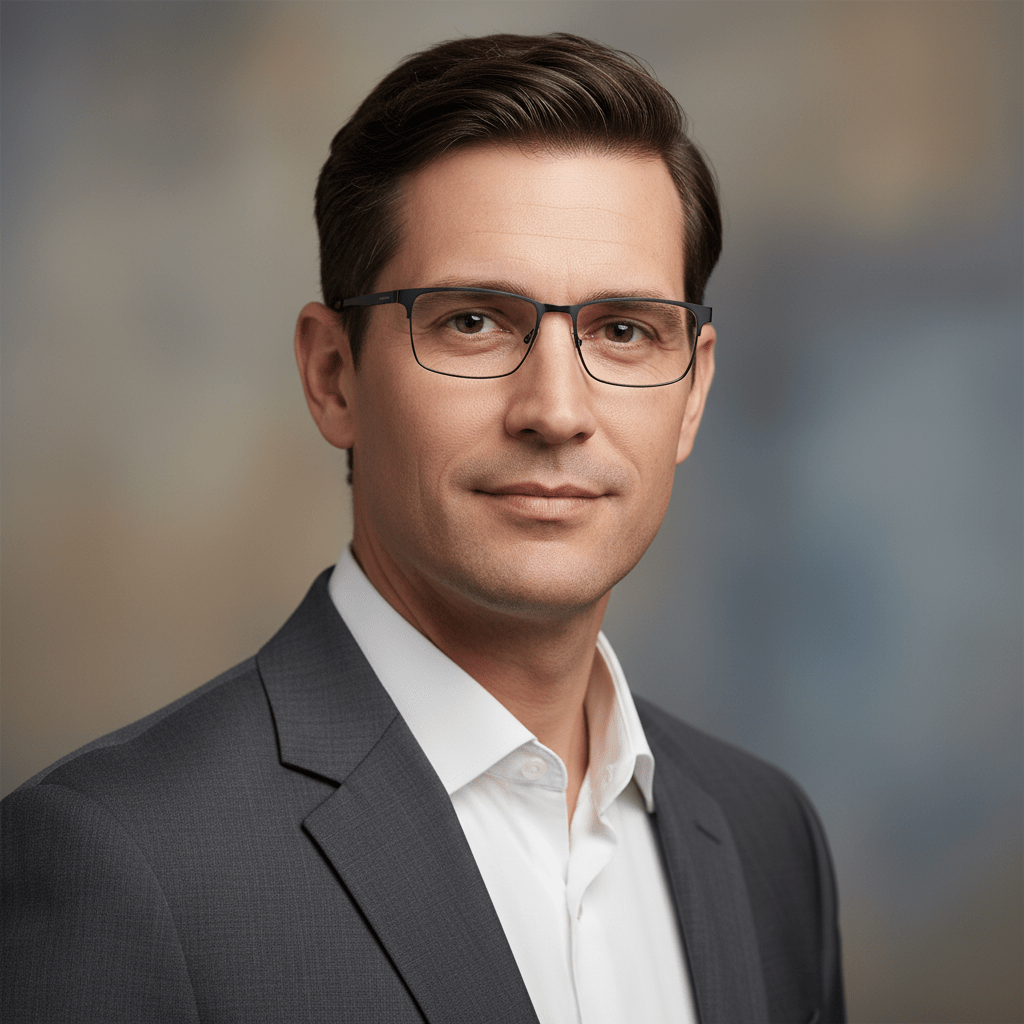 Man wearing ultra-thin titanium eyeglasses with a sleek rectangular profile.