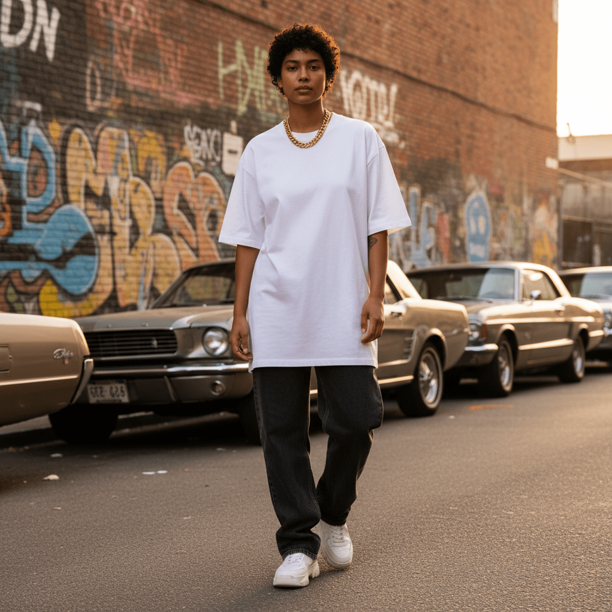 Model in crisp white cotton t-shirt, denim, and gold chain on urban street.