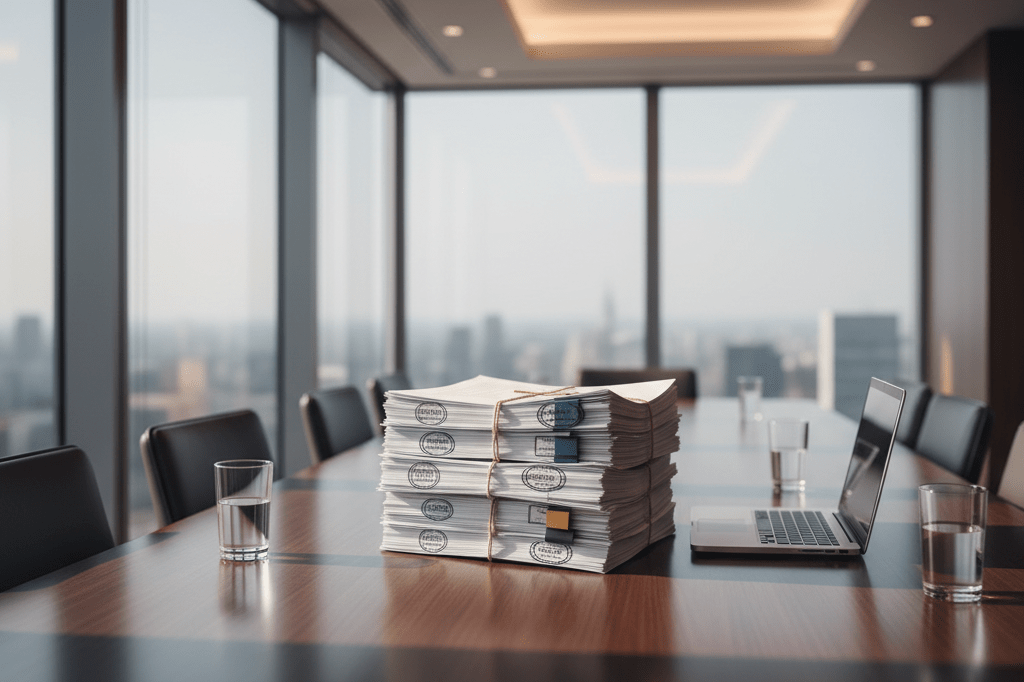 Conference table with legal documents and laptop under natural light, symbolizing complex media industry negotiations