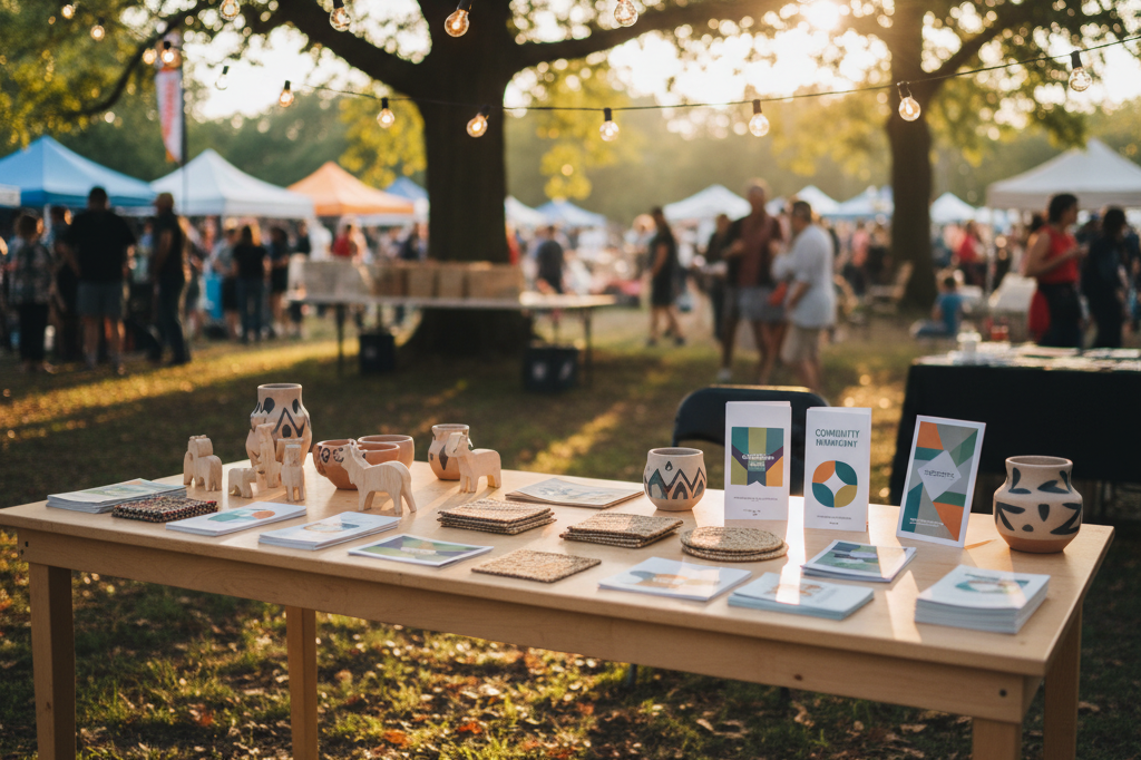 Empty vendor booth with generic crafts under warm festival lights symbolizing neutral brand strategy