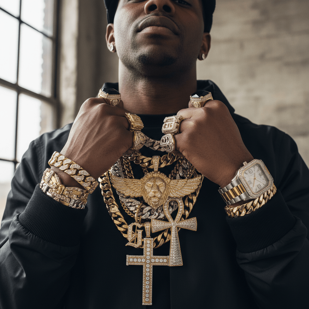 Model in 2000s hip hop fashion with layered gold and silver jewelry.