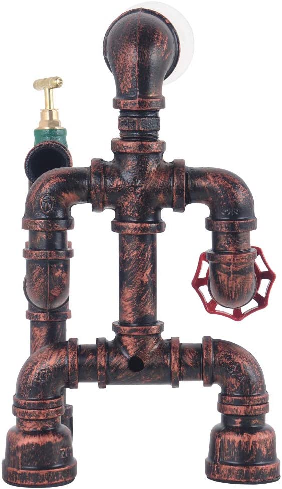 蒸汽朋克工业复古铁锈铁水管桌台灯灯,带红色阀门手柄开关和绿色水