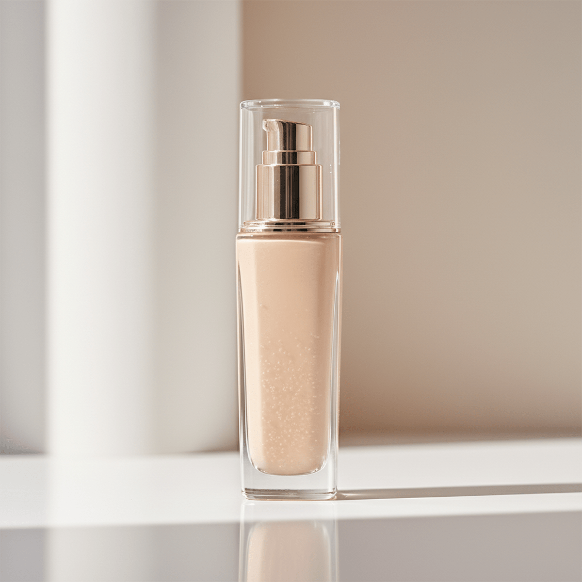 Sleek glass bottle of Korean foundation with pearlescent finish and micro-fermentation particles.