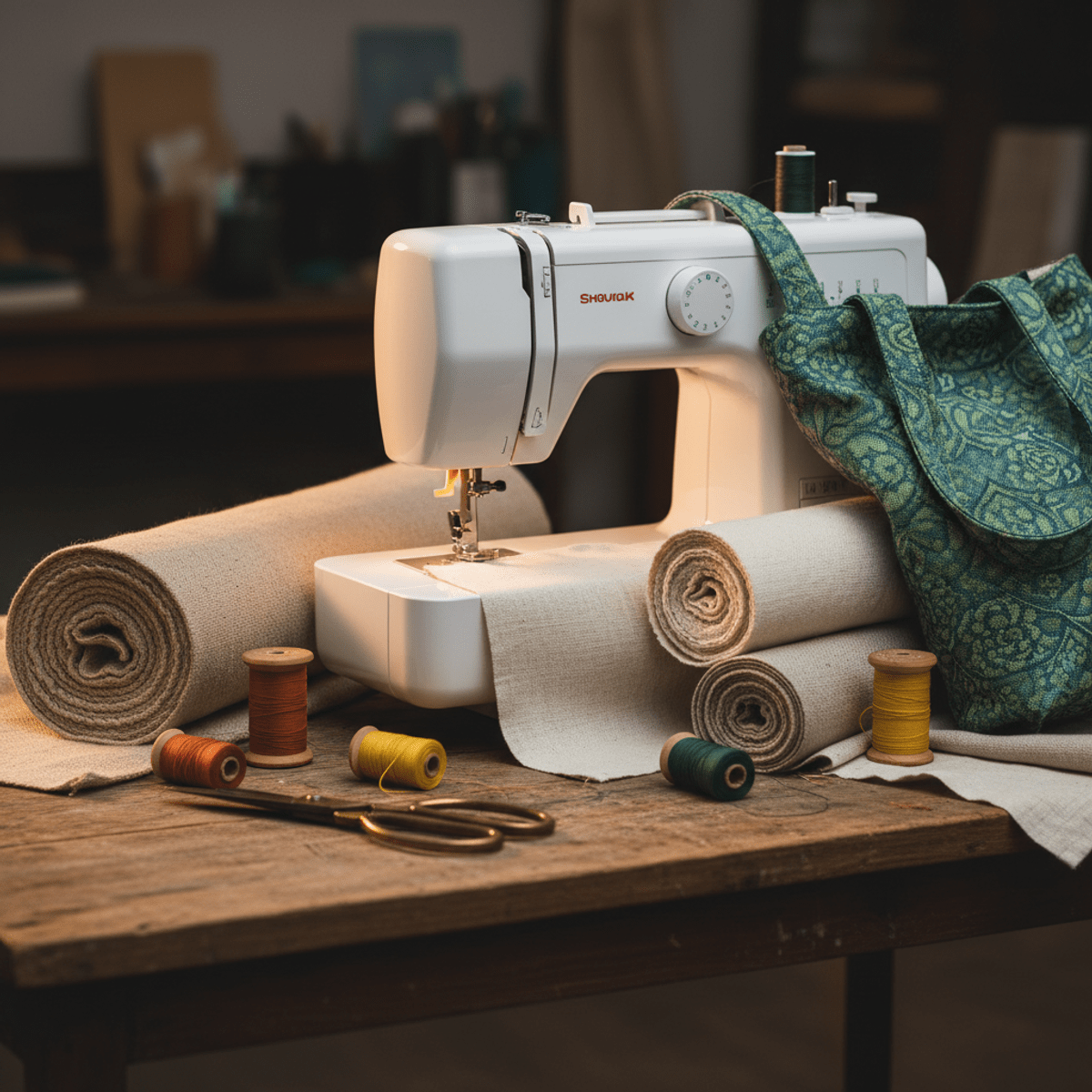 Basic sewing machine on a wooden table with fabric rolls and a tote bag.