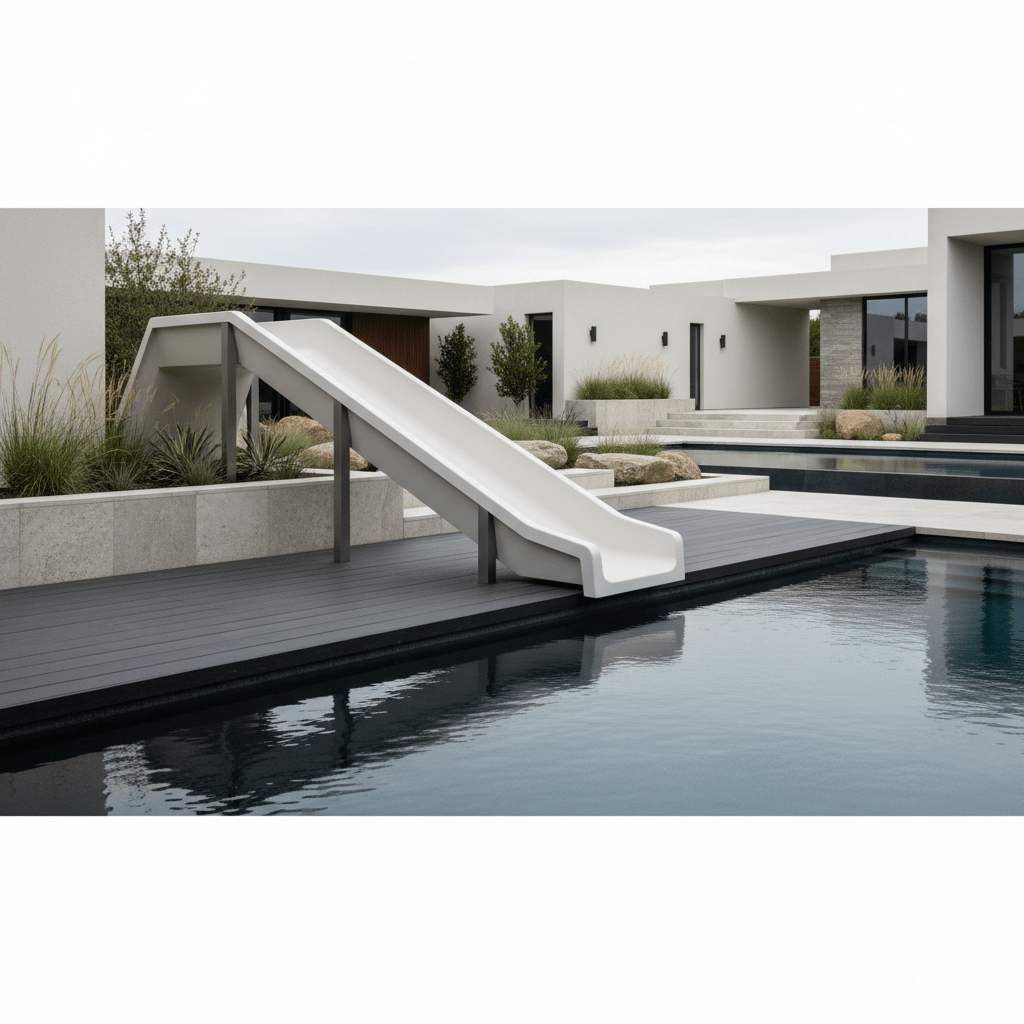 Sculptural white fiberglass pool slide floating above a composite deck.
