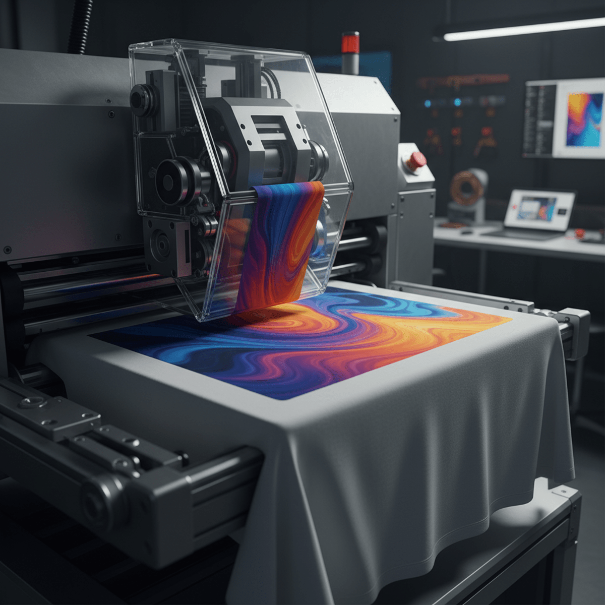 High-tech shirt printer applies vivid artwork into cotton fibers with precision.