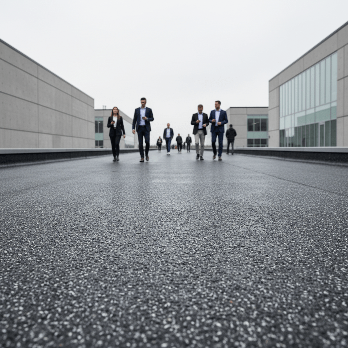 Modern commercial walkway with rubberized coating and grit aggregates, safe when wet.