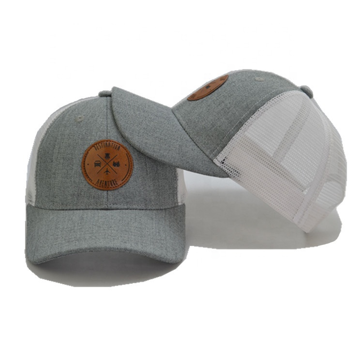 Factory 6 Panel Custom Leather Patch Logo Mesh Trucker Cap Leather Patch Trucker Hat