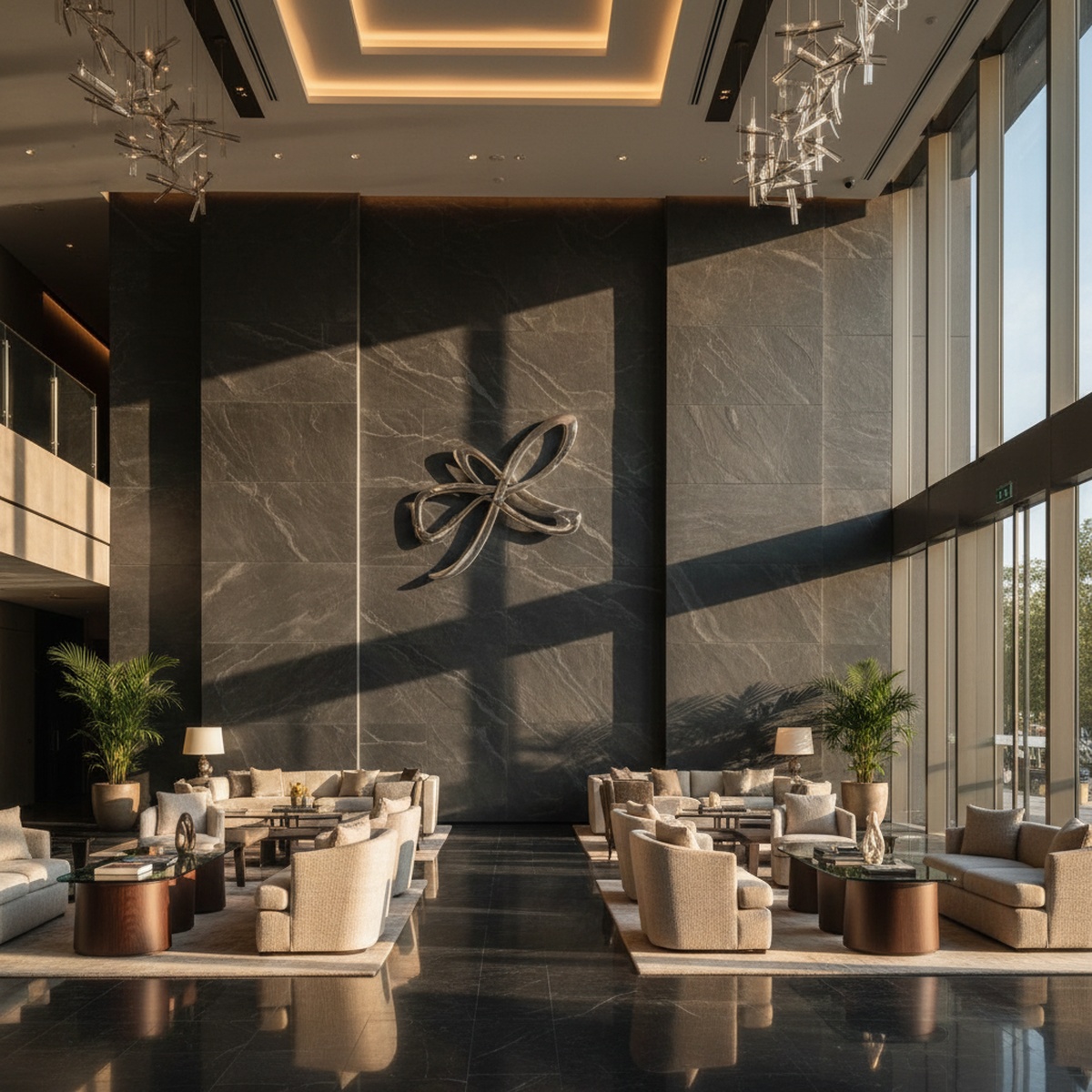 Luxury hotel lobby with large carbon slate wall and golden hour sunlight.