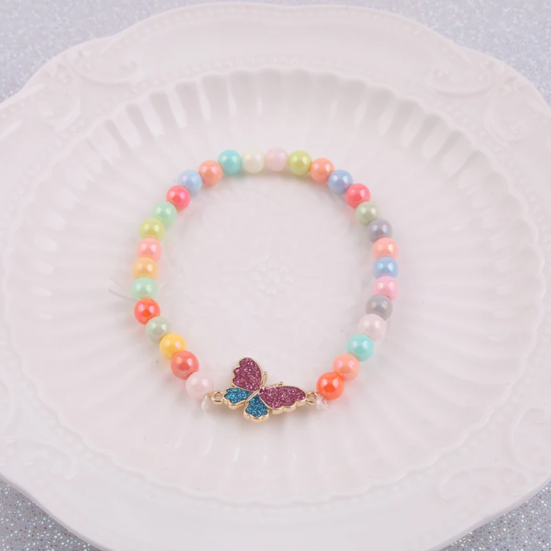 JOJO Wholesale Custom New Design DIY Cartoon Color Cute Unicorn Butterfly Charm Acrylic Elastic Bead Kids Bracelet