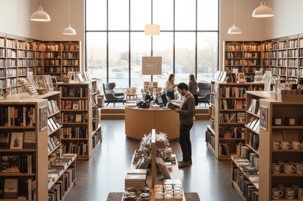 Warmly lit physical bookstore with shelves of books and browsing customers, symbolizing renewed focus on brick-and-mortar retail success