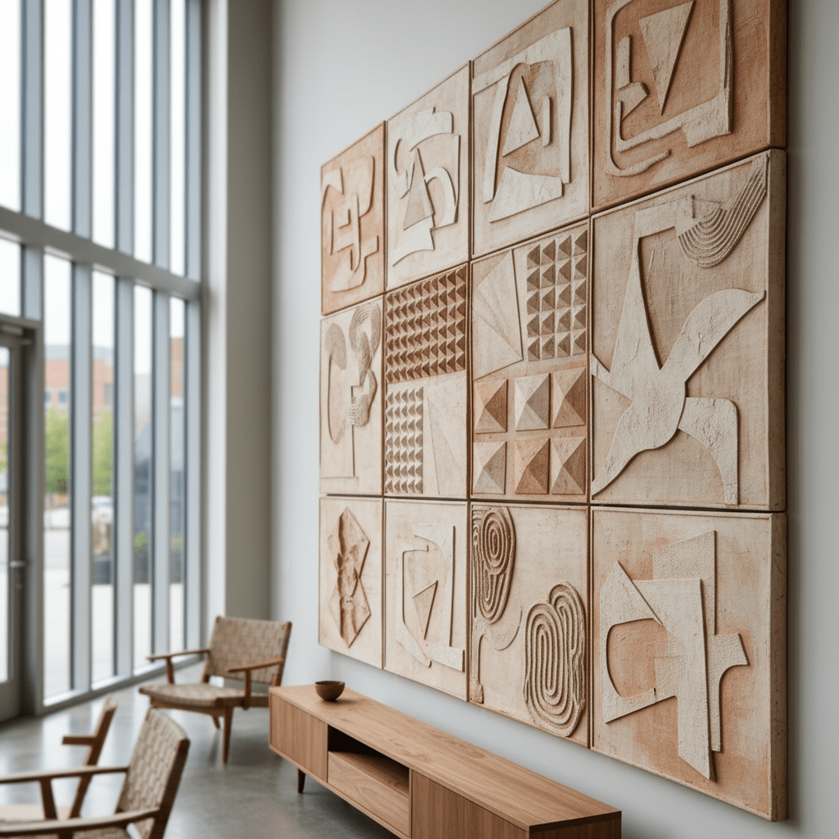 Abstract art with raised geometric patterns in beige and terracotta on a wall.