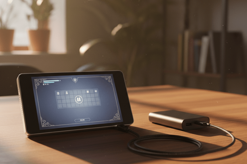 A handheld gaming console alongside a power bank and charging cable under natural light, highlighting accessory needs