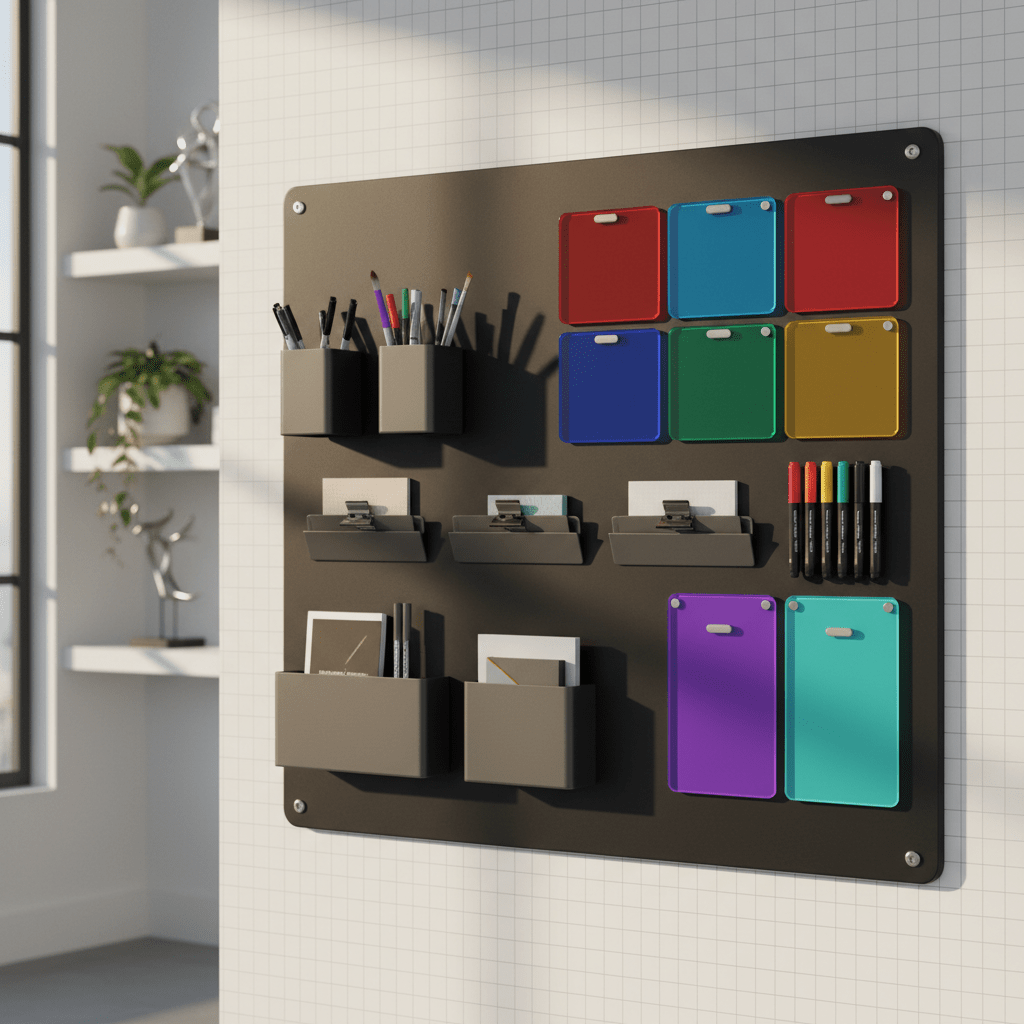 Modern magnetic wall command center for organization Ultra-modern magnetic wall command center with modular accessories in a bright studio workspace.