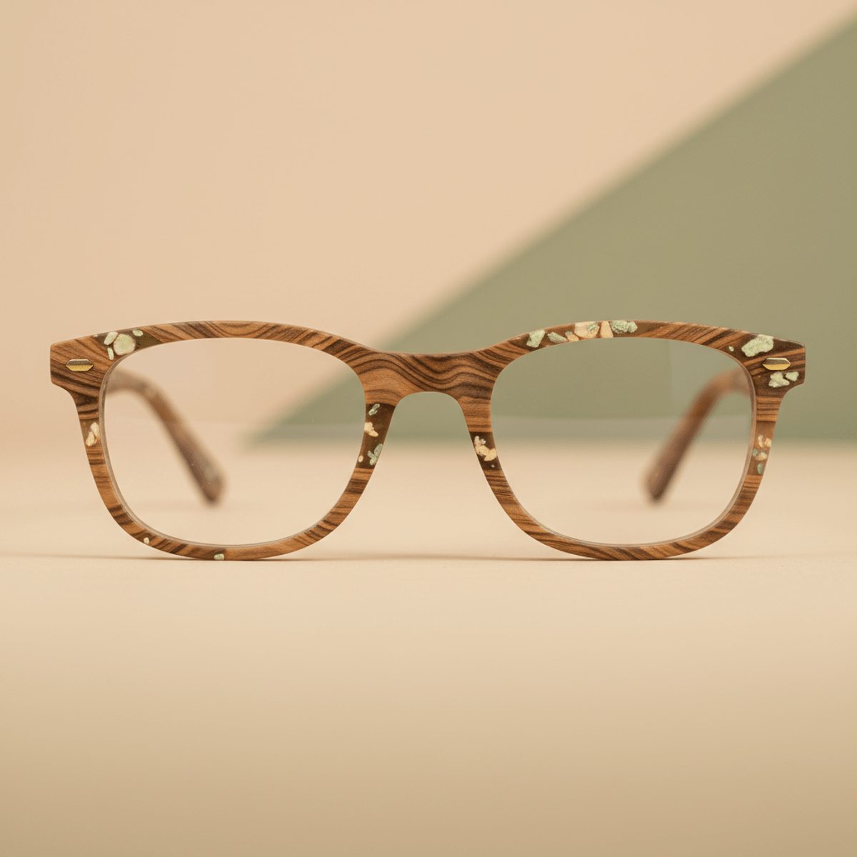 Close-up of eco-conscious eyeglasses with organic wood grain and bio-resin flecks.