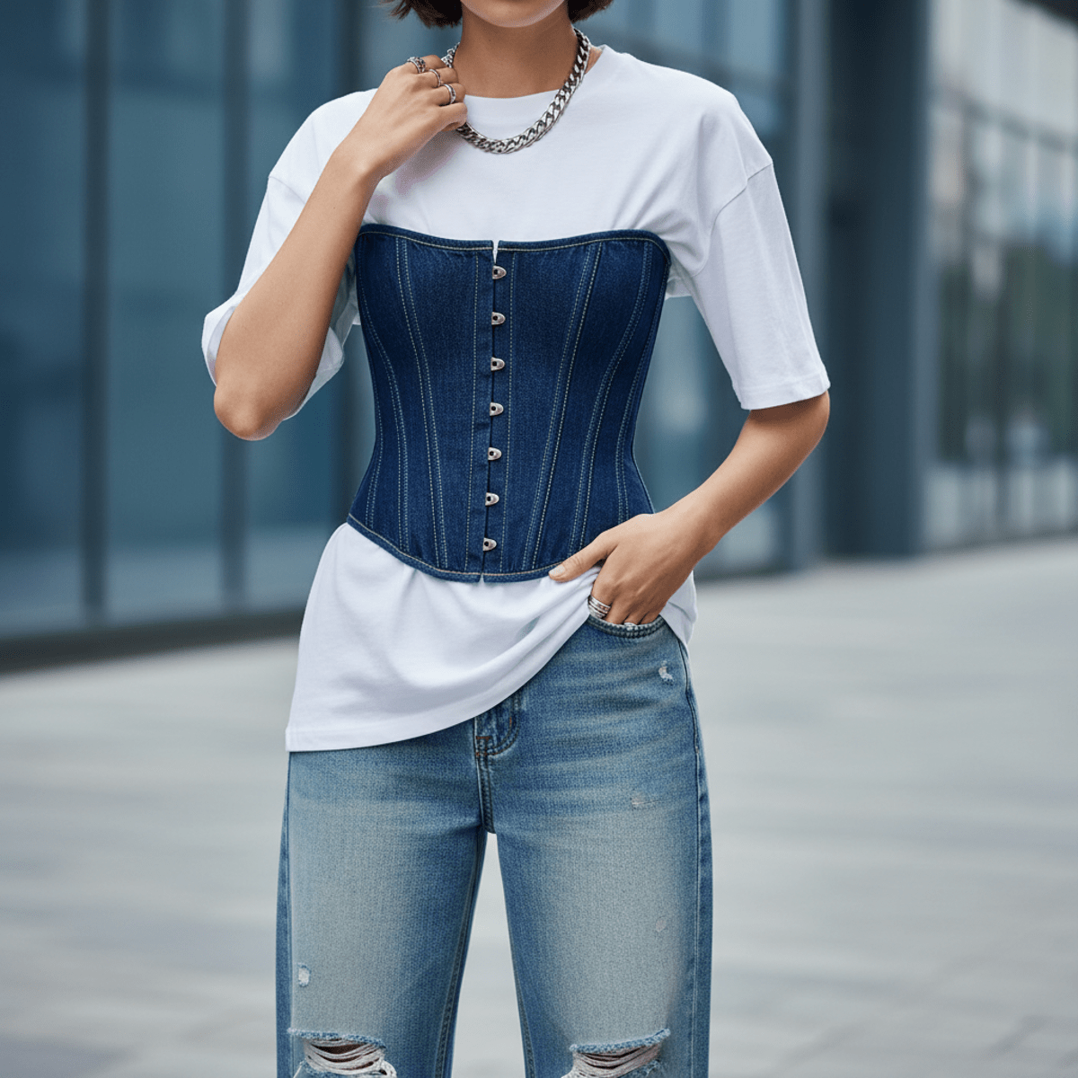 Model wears structured denim corset over t-shirt and wide-leg jeans in urban setting.