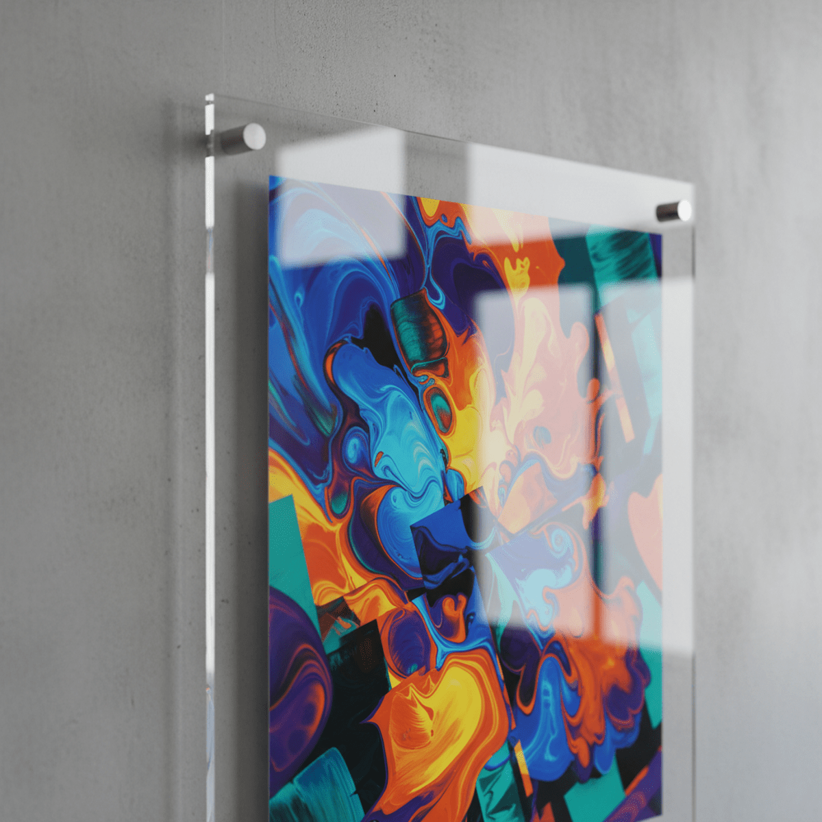 Vibrant abstract poster in acrylic panel on matte concrete wall.