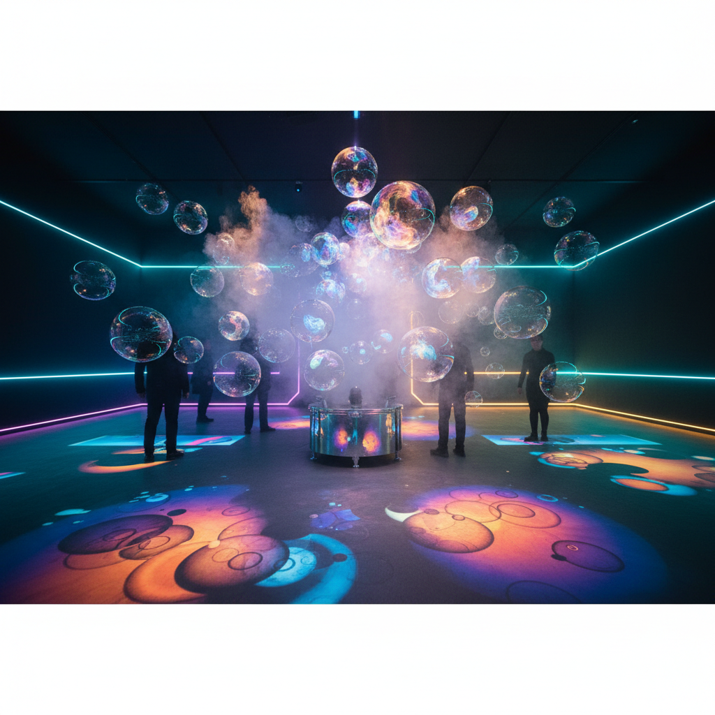 Interactive room with luminous fog bubbles illuminated by geometric projection mapping.