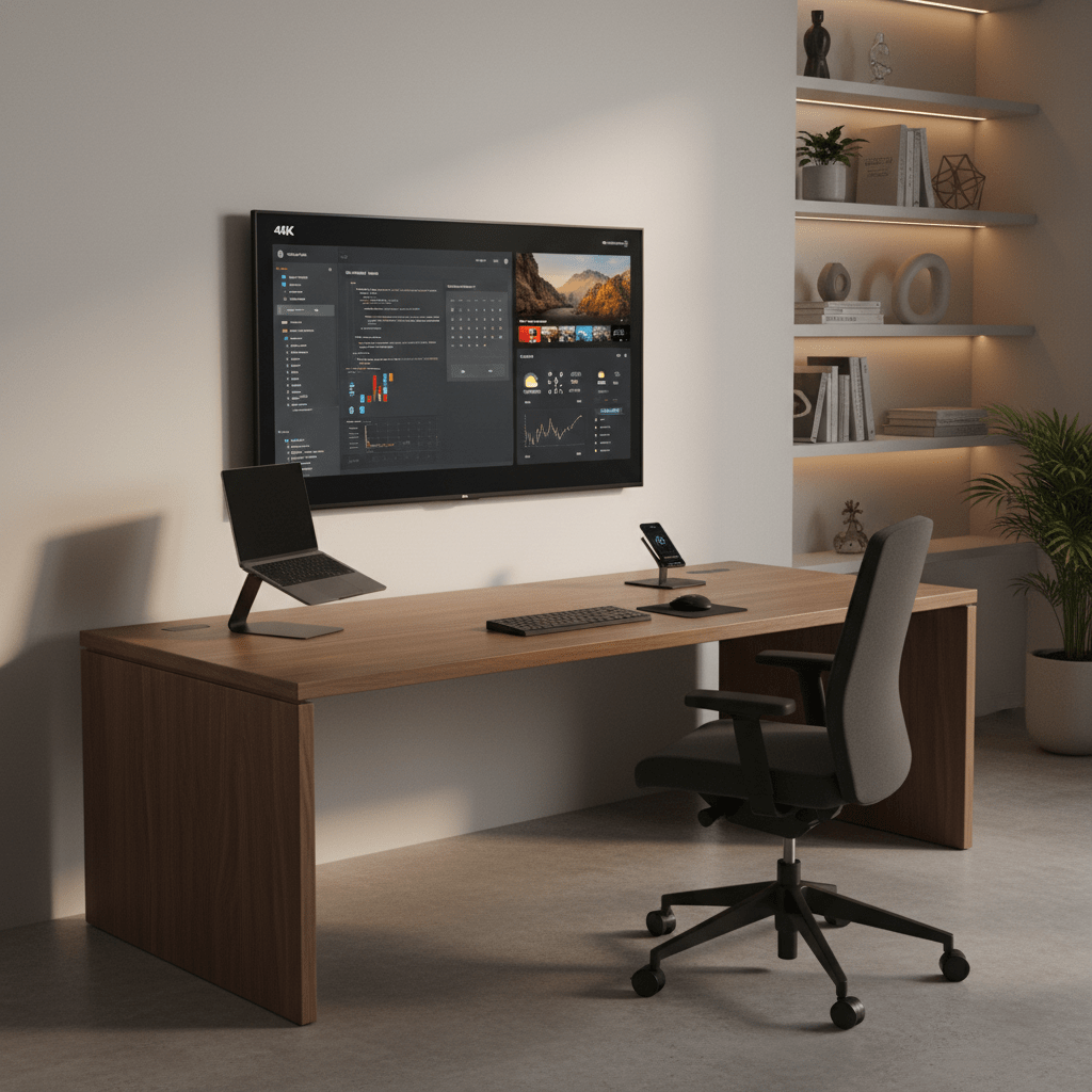 Modern productivity hub with a large TV displaying multiple feeds on a walnut desk.