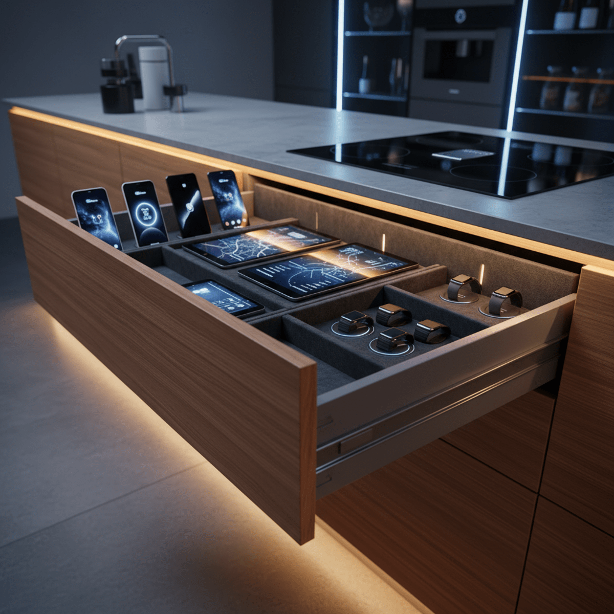 Futuristic kitchen drawer hides technology with organized devices and cable management.